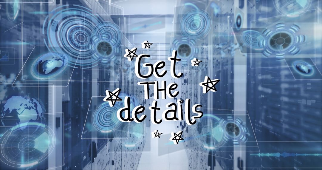 Digital Interface Over Server Room with Text Overlay