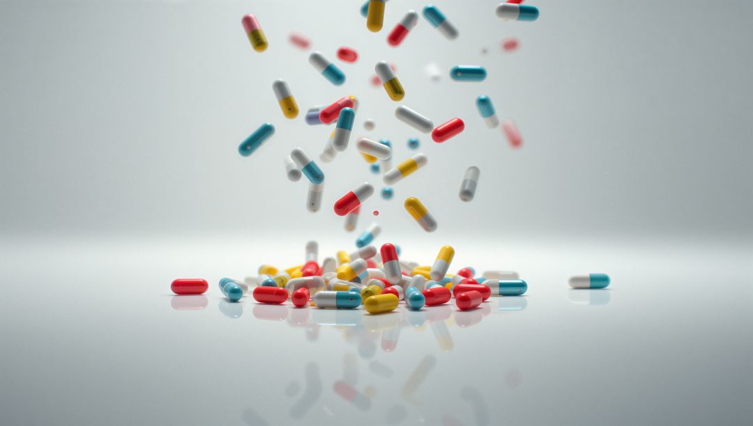 Colorful Capsules in Motion Dropping into Pile on Reflective Surface