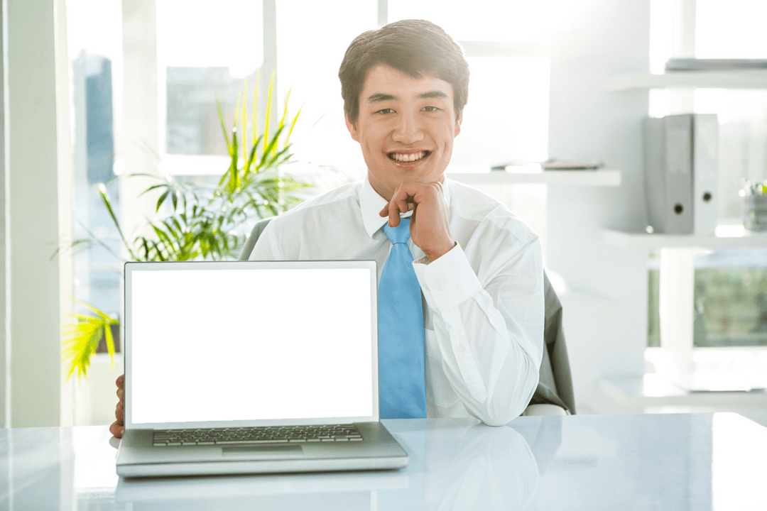 Smiling Young Professional Presenting Transparent Laptop Screen