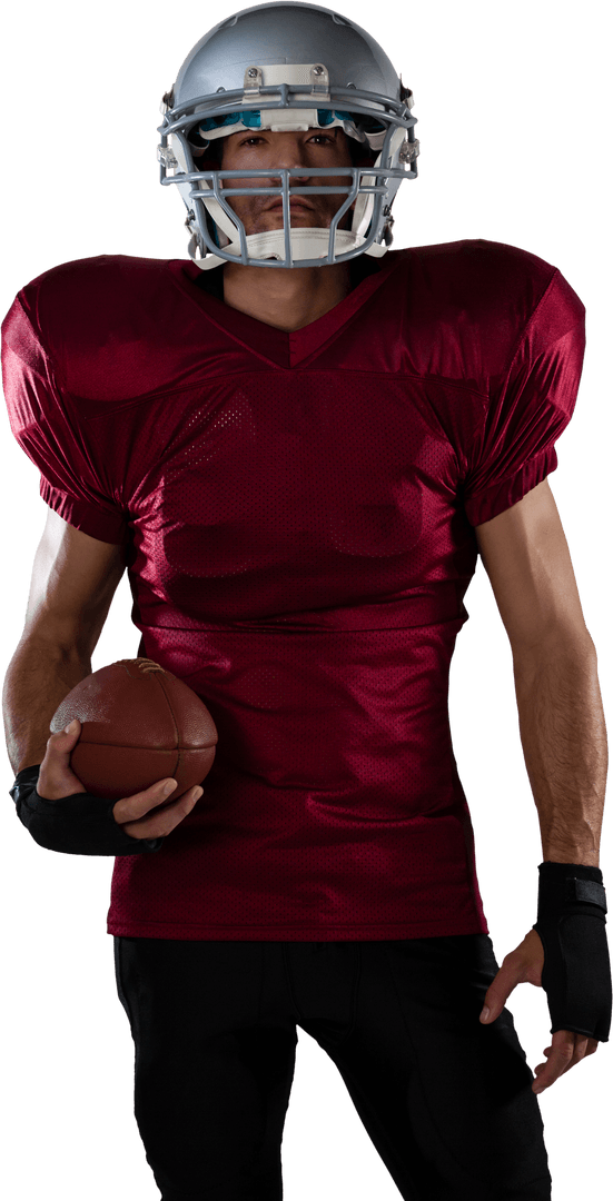 Transparent Portrait of Focused Football Player in Helmets Holding Football