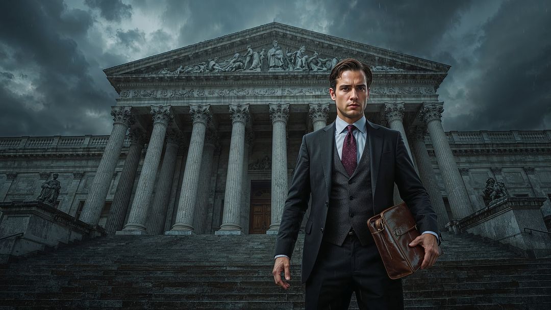 Determined businessman prosecutor standing on classical building steps
