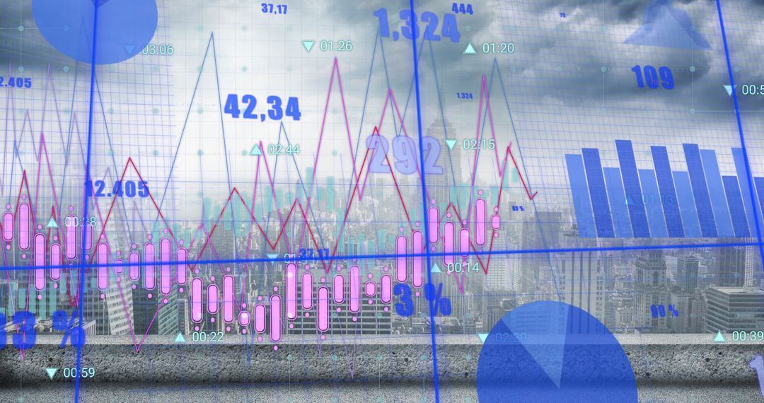 Futuristic Graphs Process Financial Data Over City Skyline