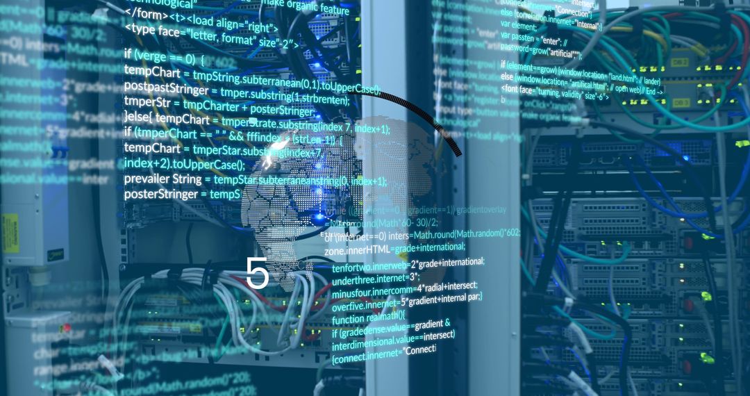 Globe and Cybercode Projection in Modern Server Room