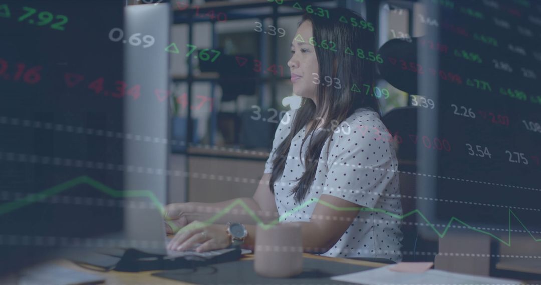 Businesswoman Analyzing Financial Data with Currency Overlays