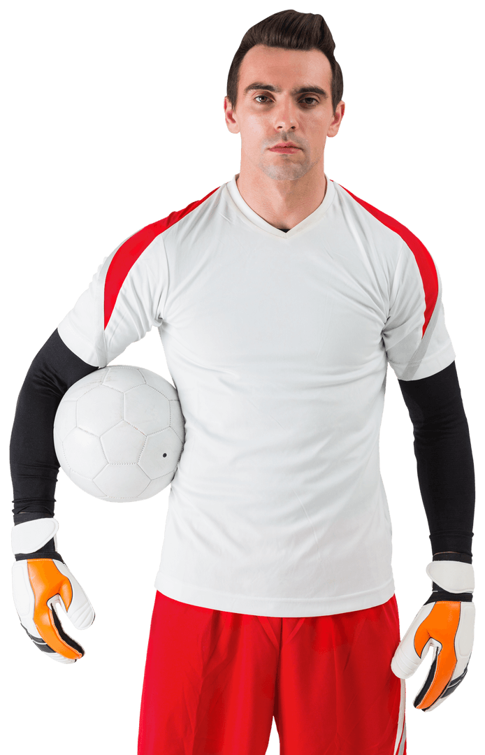 Focused Goalkeeper in Transparent Background White Jersey Holding Soccer Ball