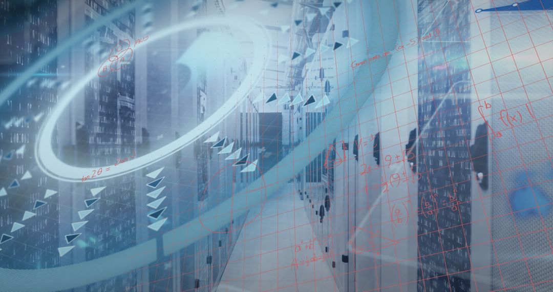 Mathematical Interfaces Merged with Futuristic Server Room