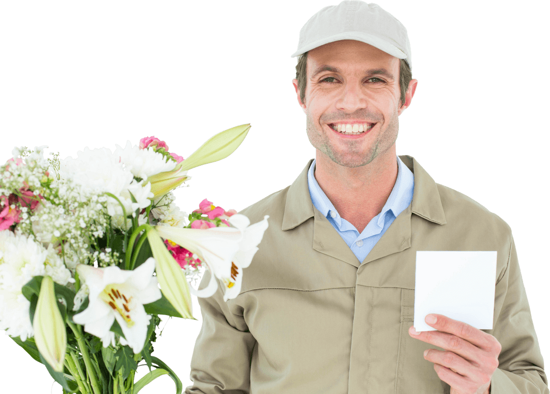 Happy Delivery Man Holding Bouquet and Blank Note Transparent Background