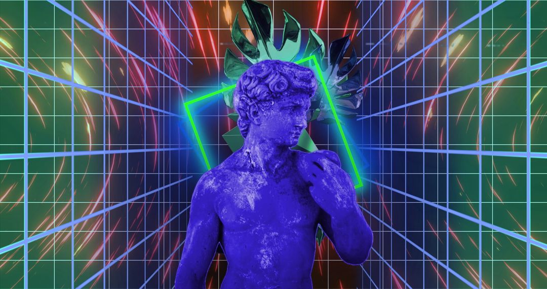 Glitched Neon Aesthetic with Classical Sculpture and Abstract Shapes