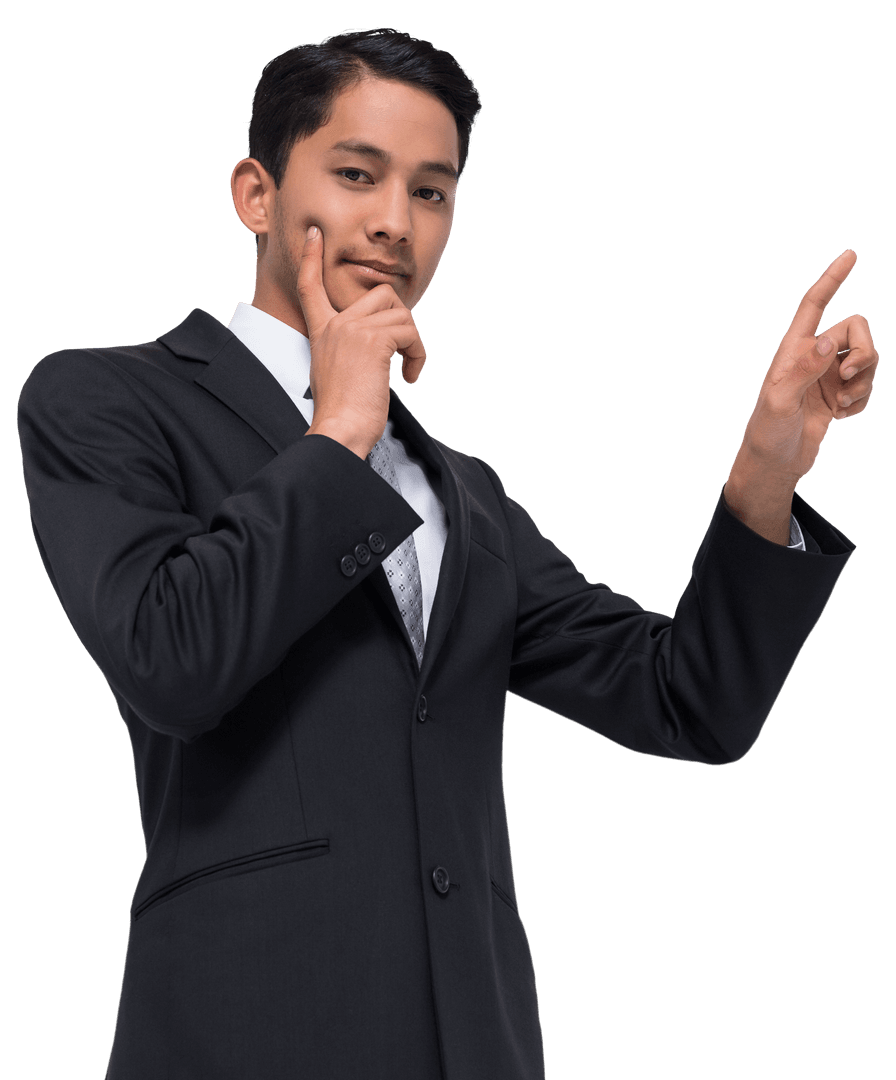 Biracial Businessman Pointing at Transparent Virtual Screen