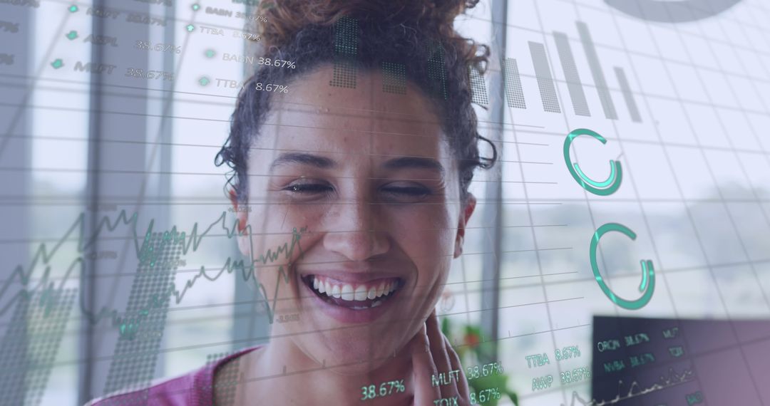 Smiling Businesswoman with Financial Data Overlay in Modern Office