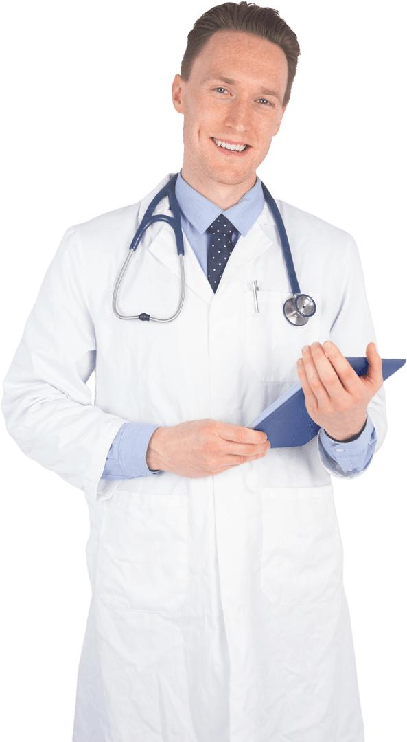 Portrait of Smiling Doctor Holding Tablet on Transparent Background