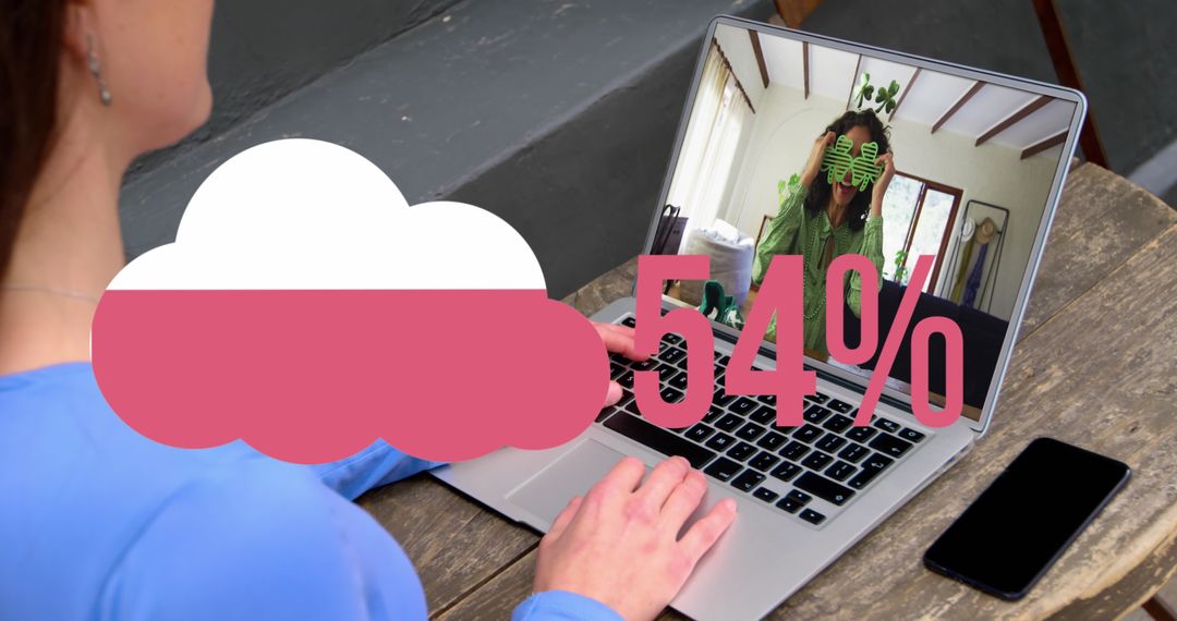 Woman Engaging in Virtual Call with Cloud Upload Concept