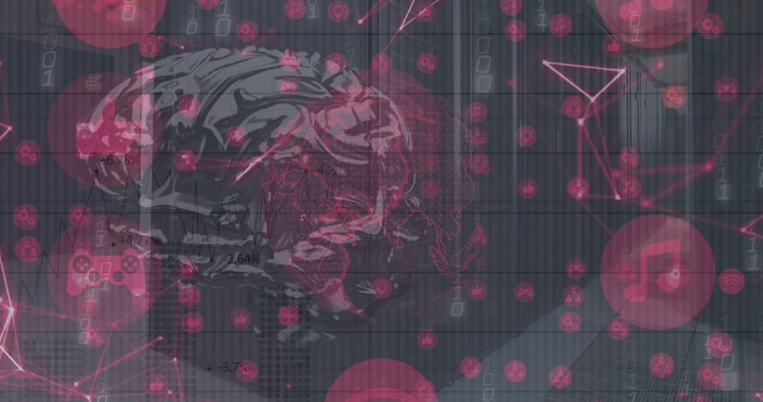 Digital Brain Interface Representing Global Data Processing in Server Room