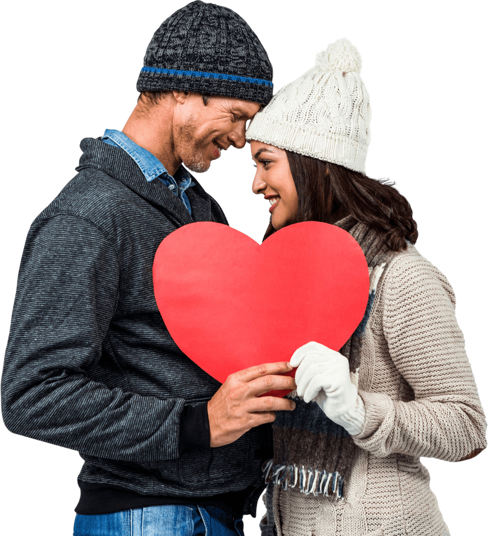 Transparent Couple Holding Red Heart in Winter Gear