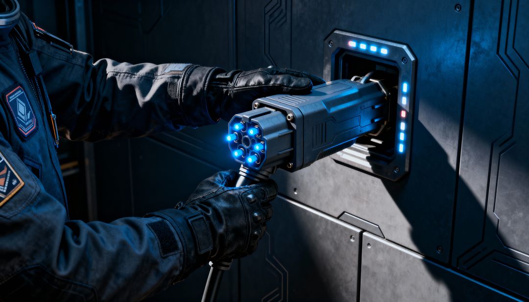 Technician Connecting High-Tech Multi-Pin Power Connector with Blue LED Indicators