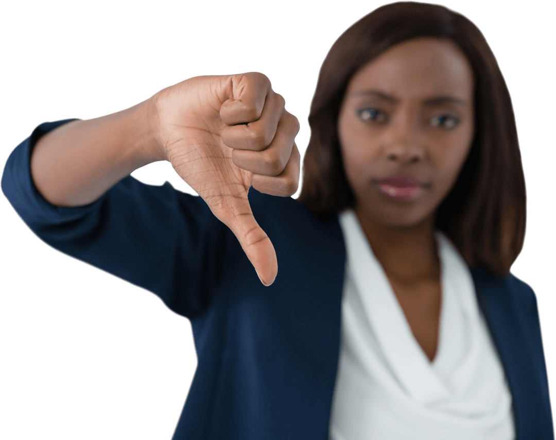 Businesswoman Showing Disapproval with Transparent Thumbs Down Gesture
