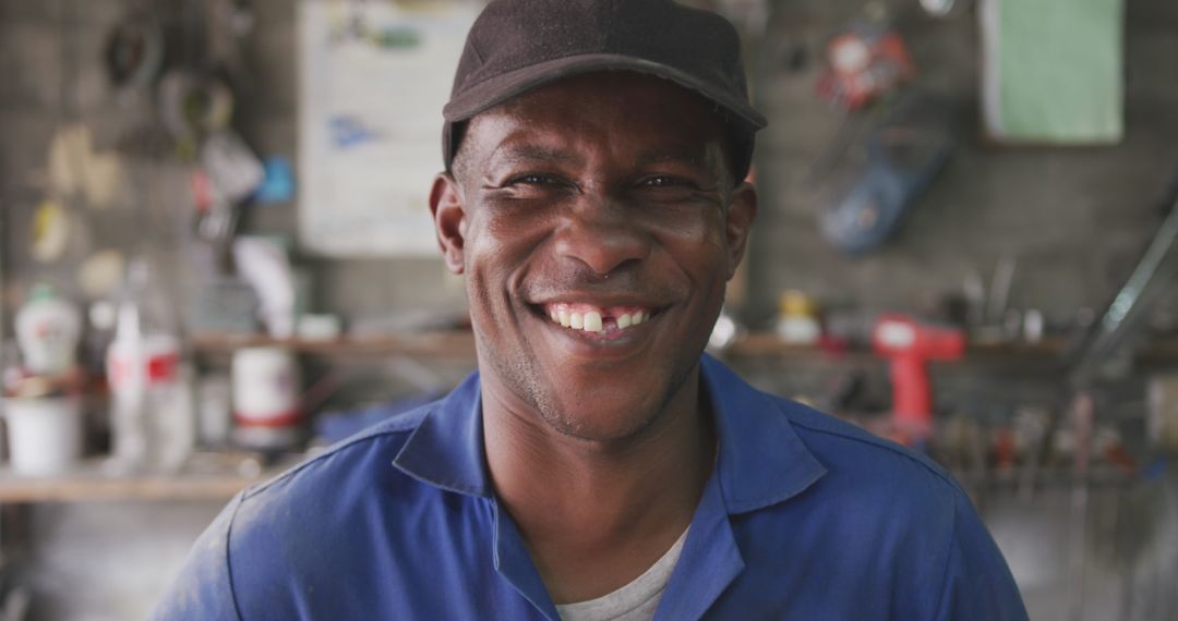 Smiling African Mechanic in Workshop with Cap