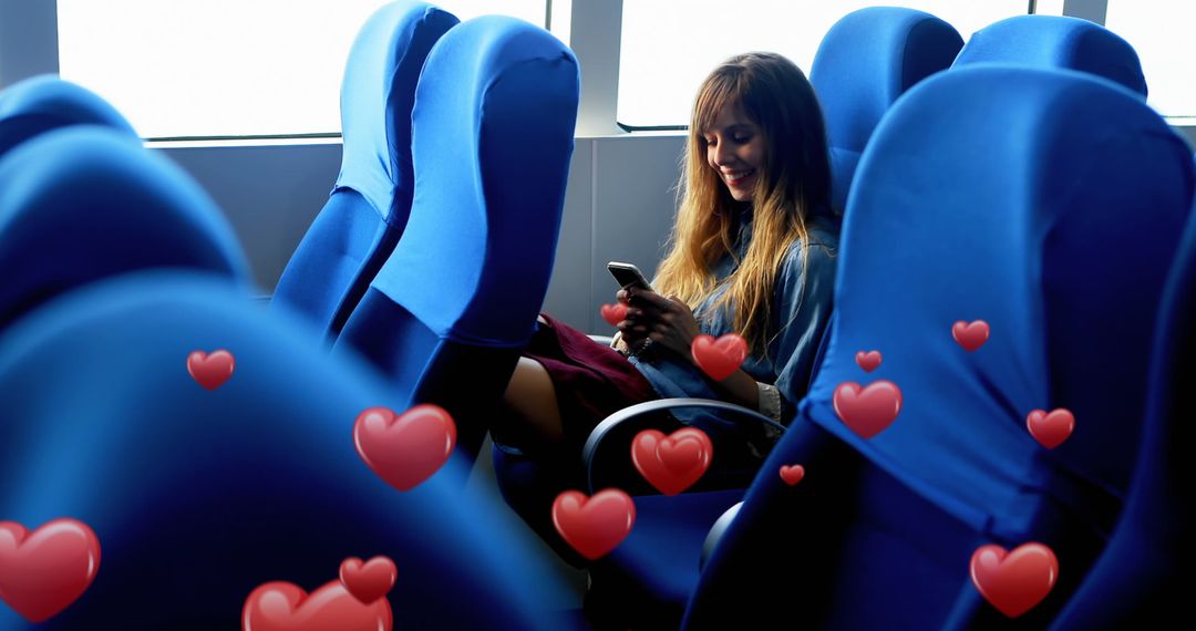 Woman Enjoying Social Media with Hearts Visual on Bus