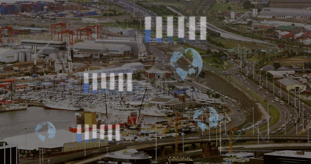 Digital Interface Overlay on Cityscape Representing Global Business Concept