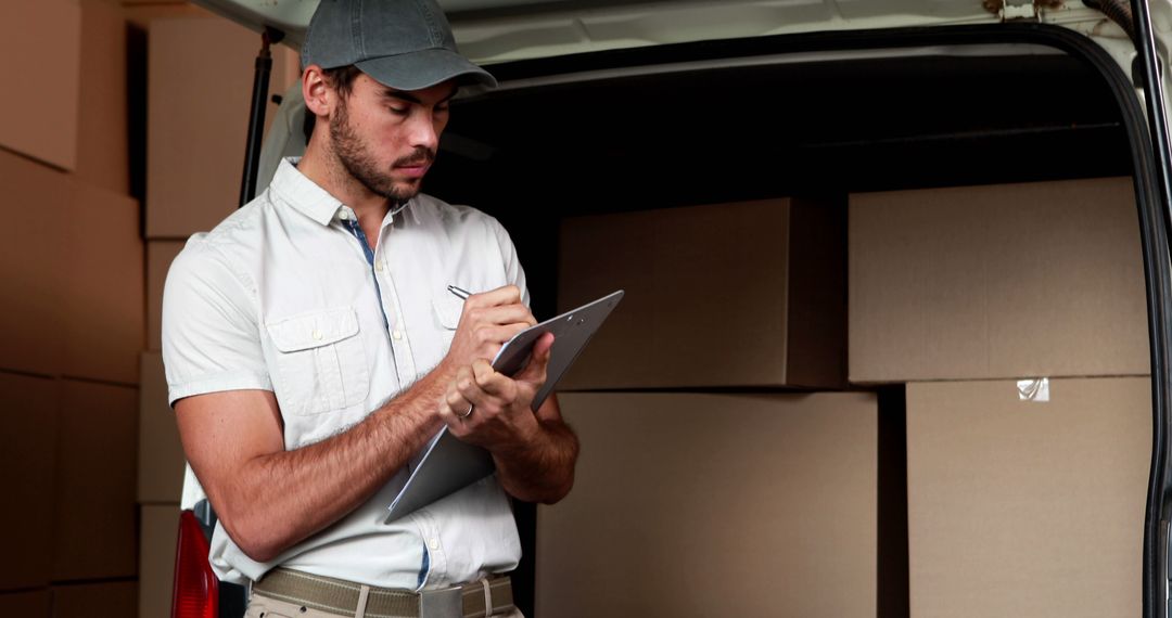 Delivery Worker Completing Paperwork in Warehouse - Free Images, Stock Photos and Pictures on Pikwizard.com