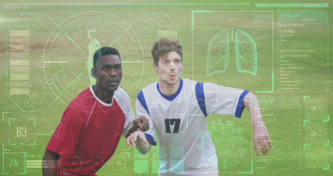 Diverse Soccer Players Analyzed with Technology Data Overlay