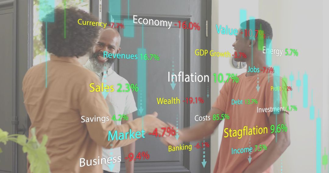 Shaking hands in lobby with financial data overlay, colleagues greeting, partnership