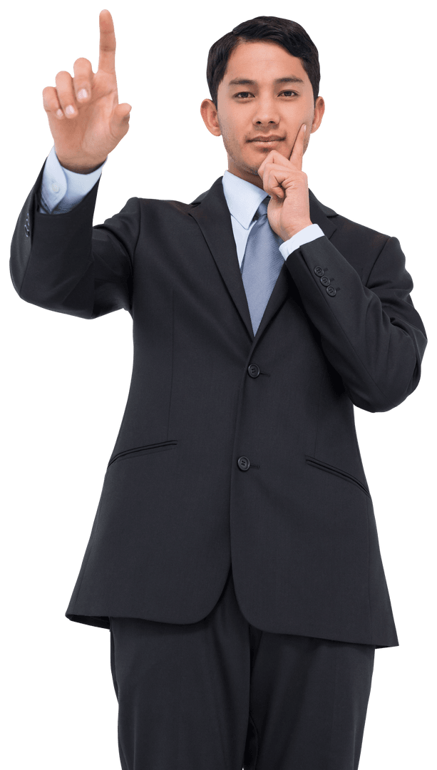 Biracial Businessman Using Virtual Interface on Transparent Background