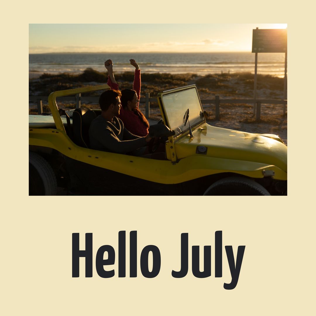 Caucasian Couple in Beach Buggy Celebrating July at Sunset