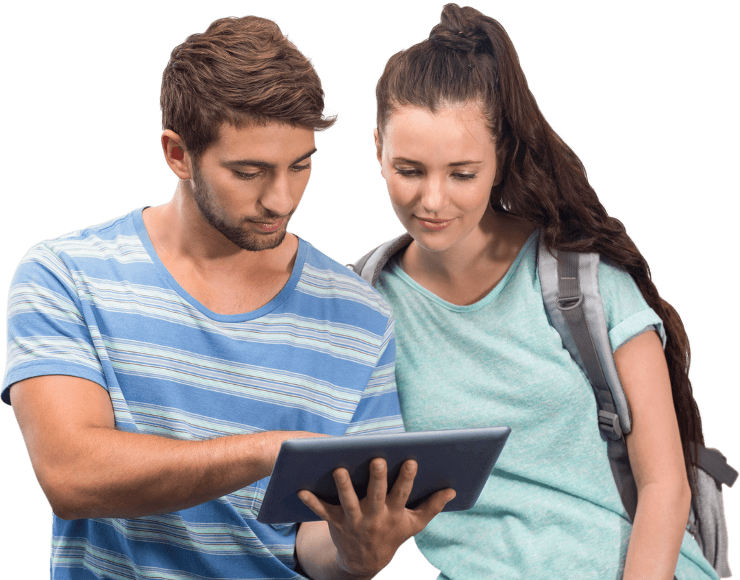 Caucasian Couple Using Tablet on Transparent Background