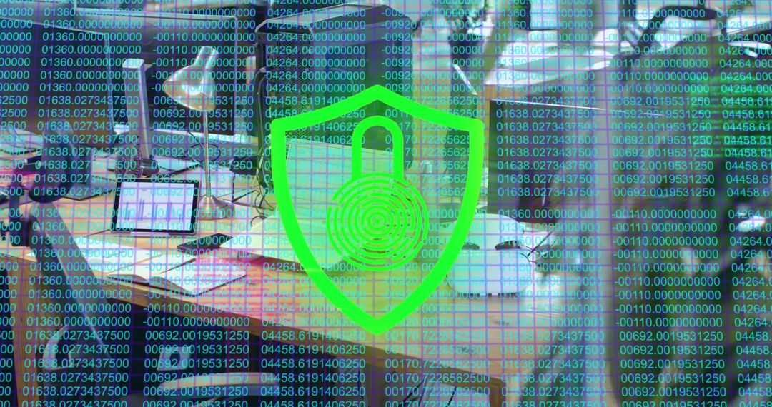 Cybersecurity Shield Overlaid on Busy Office Environment
