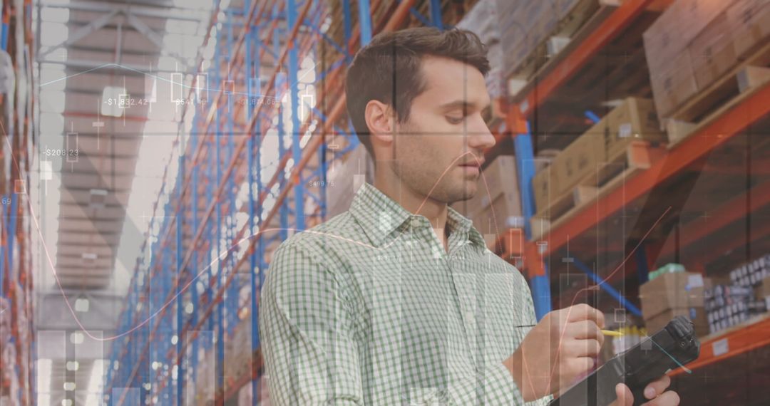 Warehouse Supervisor Monitoring Inventory with Technology Overlay