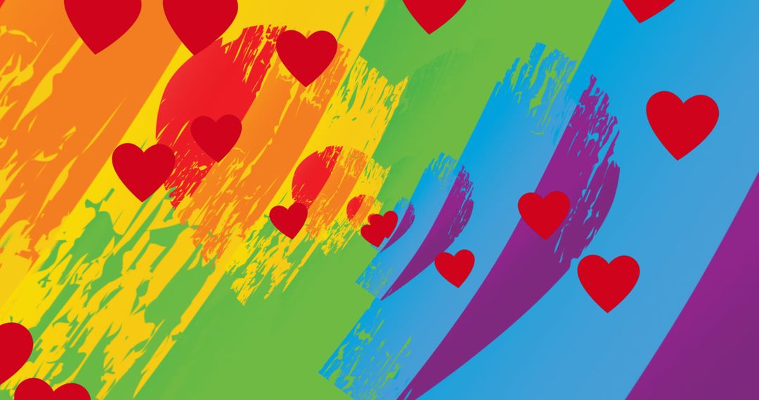 Hearts on Vibrant Rainbow Background with Abstract Paint Strokes