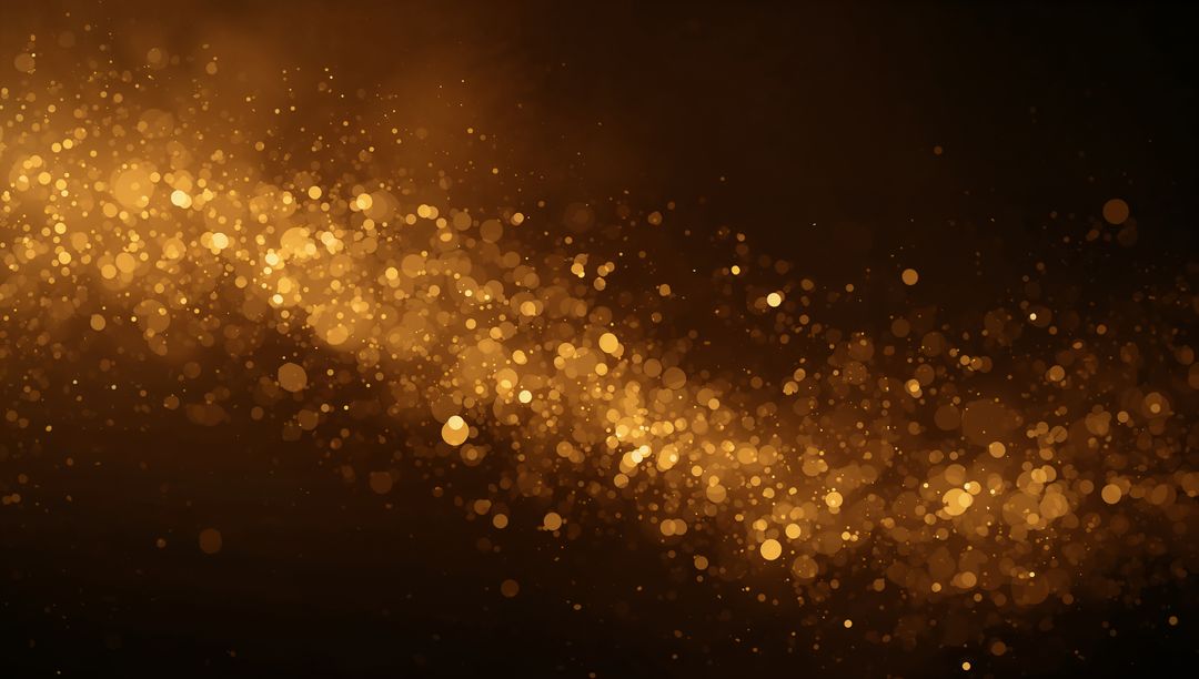 Golden bokeh wave drifting across dark backdrop, sparkling particles and soft glow