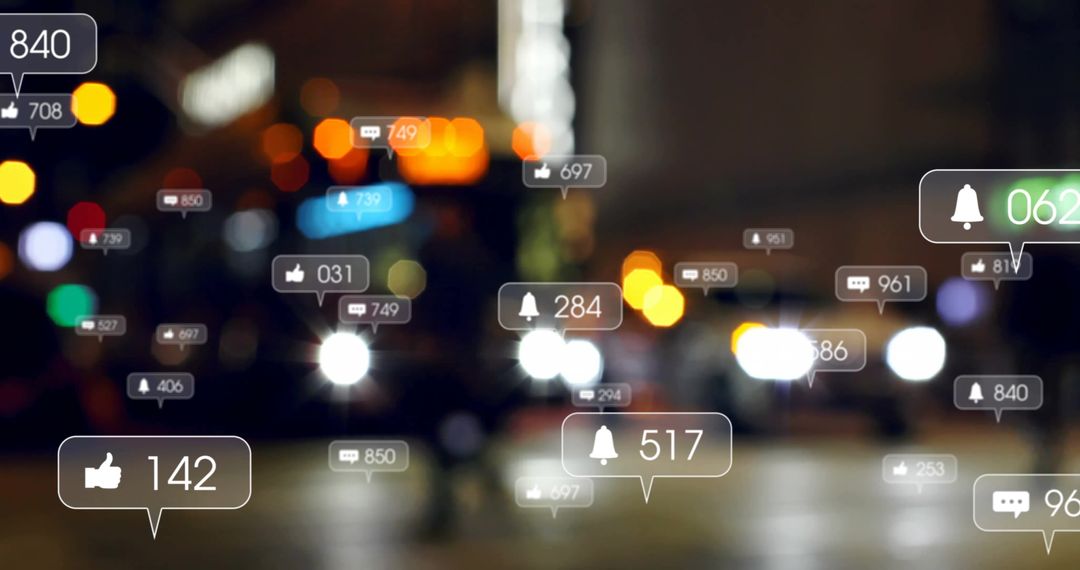 Digital Engagement Icons Overlaying City Lights