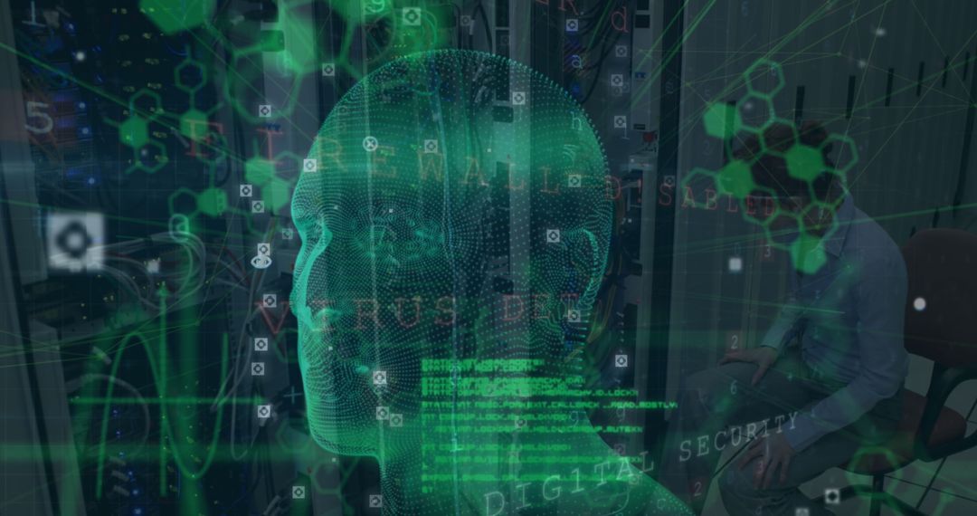 Cybersecurity Woman Overwhelmed by Data in Server Room