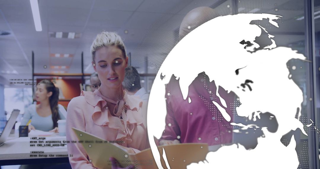 Business Woman Reading Document in Modern Office with Digital Worldwide Connection