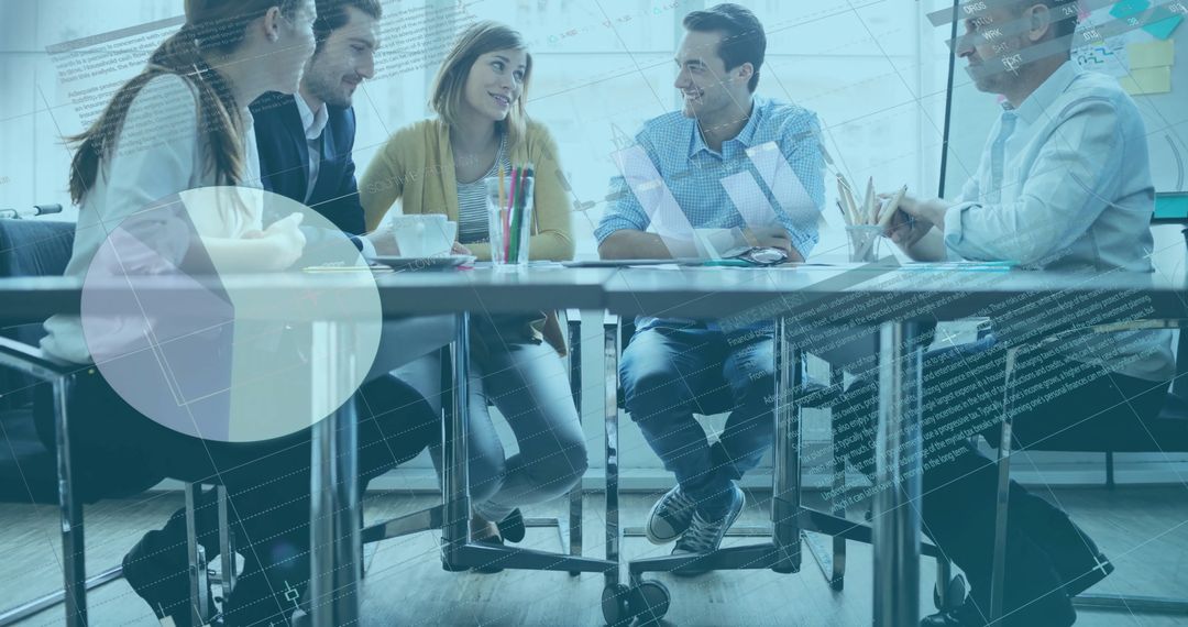 Digital Interface Overlaying Team Brainstorming in Modern Office