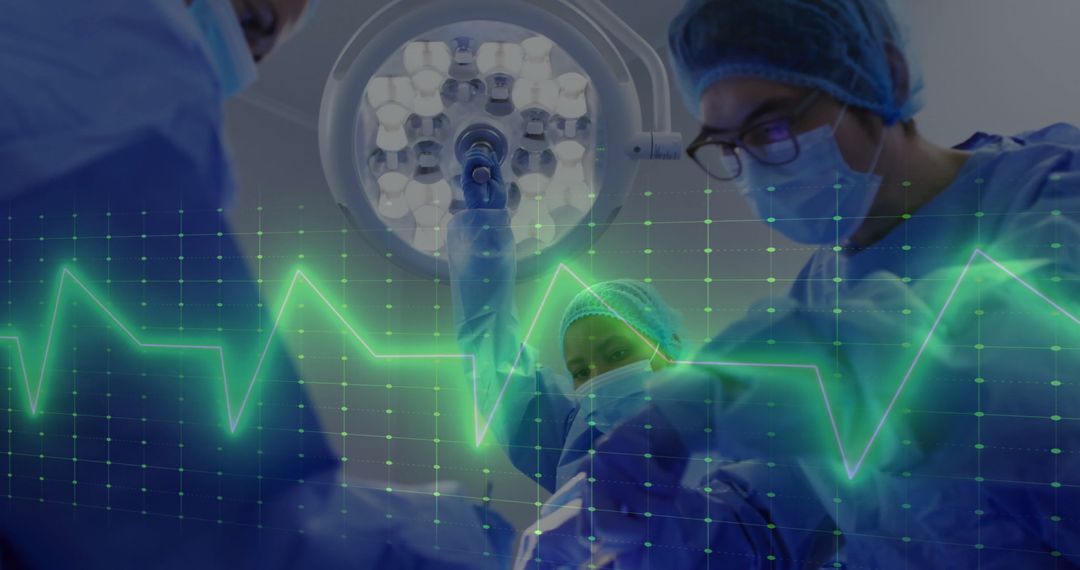 Surgical Team Executing Operation with Heartbeat Monitor Overlay