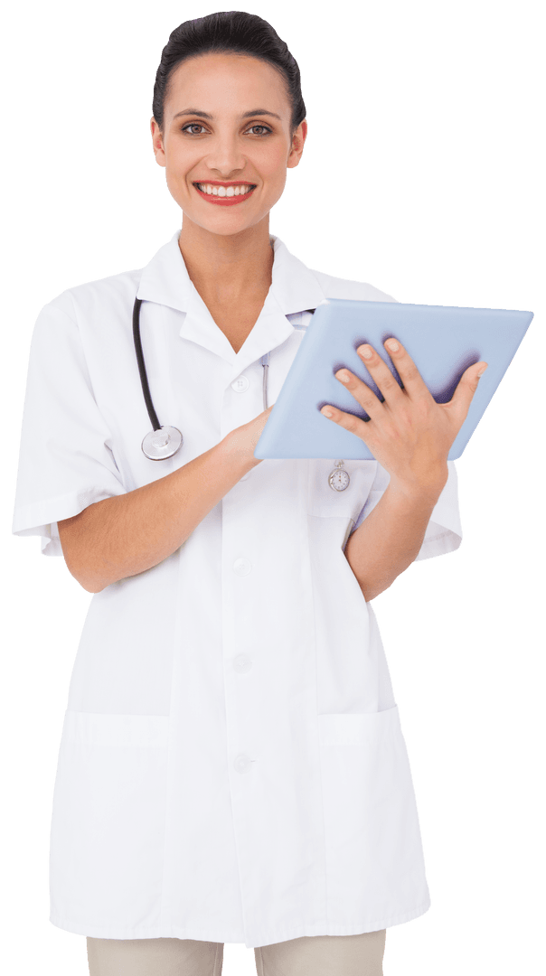 Transparent Nurse Holding Tablet Smiling Confident and Professional