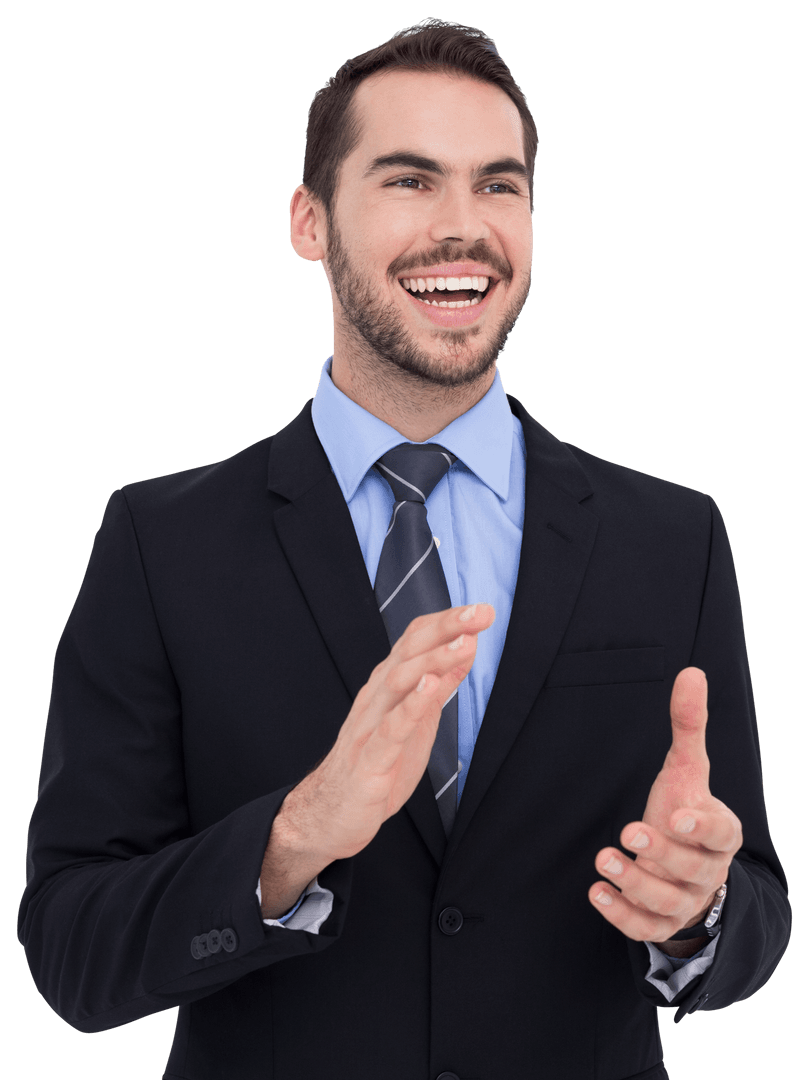 Transparent Happy Businessman Applauding in Black Suit and Tie
