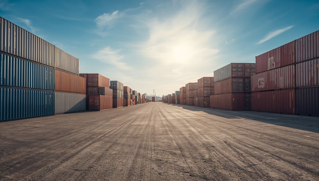 Sunlit Container Terminal Leading Toward Horizon with Stacked Shipping Containers