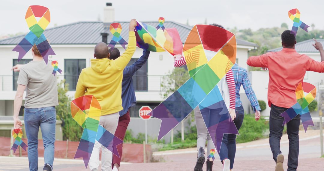 Diverse Protesters United for LGBT Rights with Flags and Ribbons