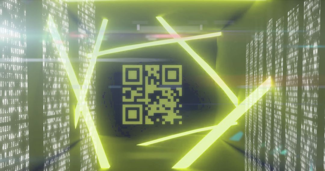Glowing Green QR Code Surrounded by Digital Elements