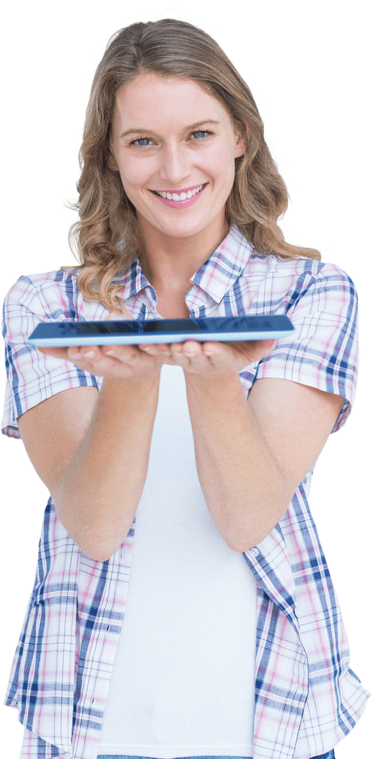 Smiling Woman Holding Transparent Tablet Presenting Technology Concept