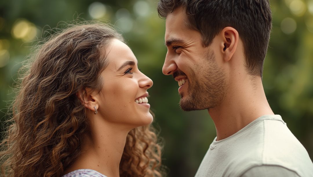 Smiling Couple Embraces Affection and Joy in Sunny Park