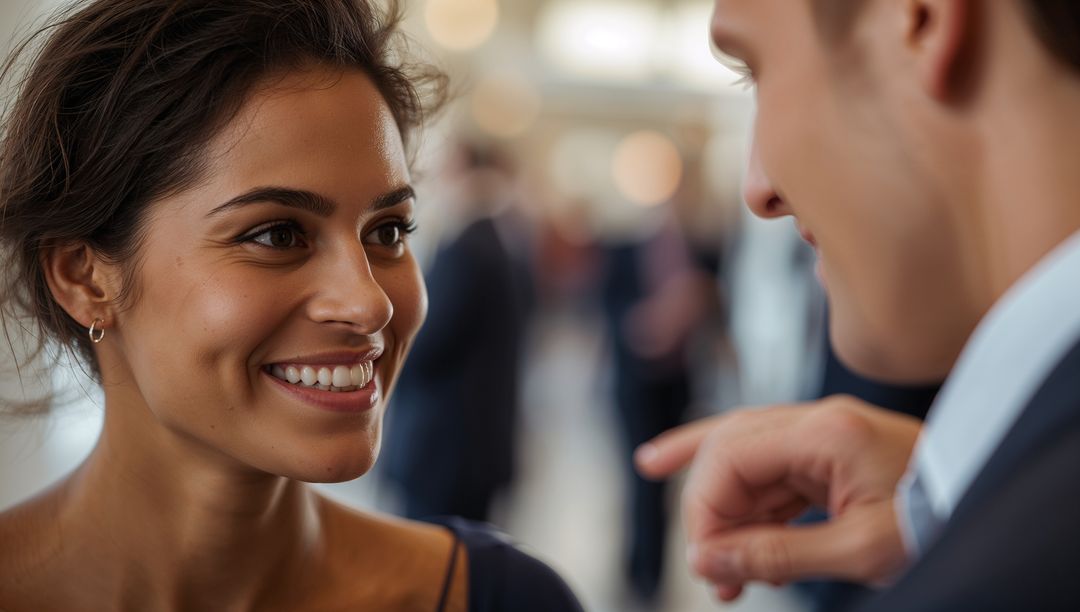 Smiling woman leaning toward man at networking reception, warm bokeh, engaged conversation