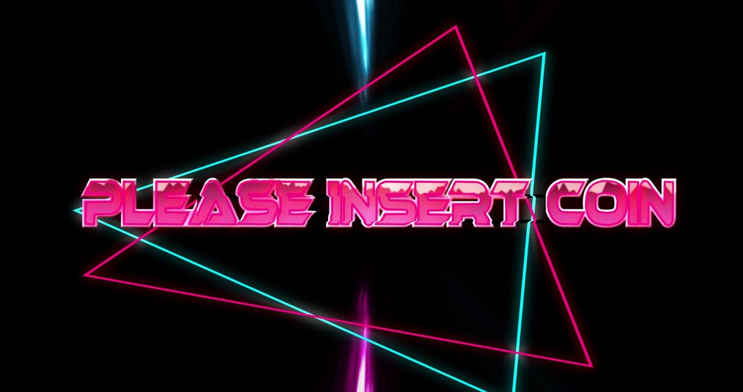 Retro neon PLEASE INSERT COIN arcade design with synthwave triangles and 3D bevel lettering