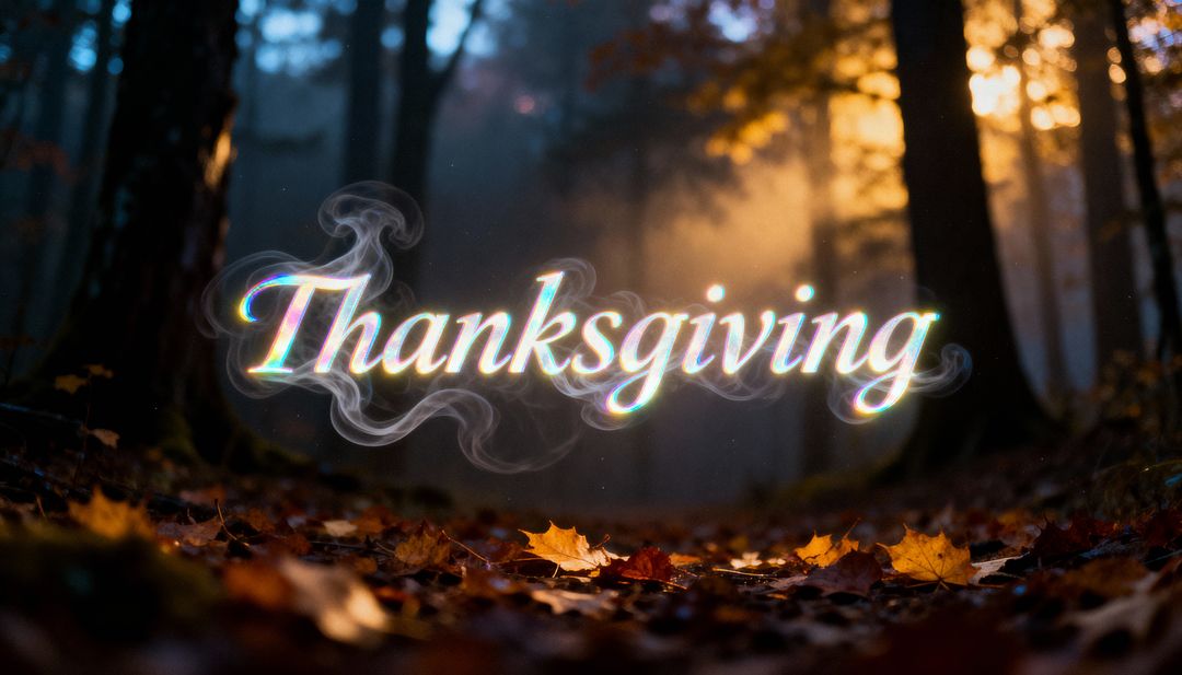 Glowing Thanksgiving Script Hovering Over Autumn Leaf-Strewn Forest Path with Sunbeams