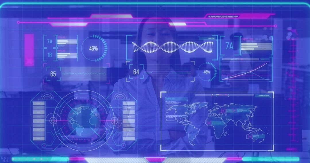 Businesswoman with Digital Interface at Work Analyzing Global Data