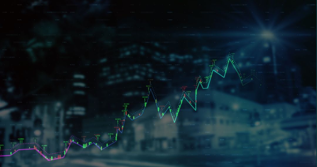 Digital Stock Market Data Overlaid on Cityscape at Night
